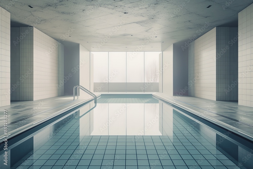 Aufkleber This image depicts a modern-style indoor pool featuring tiled floor and walls, with natural light filtering in through large windows, creating a minimalist aesthetic.
