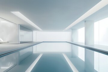 This image features a serene indoor pool area with minimalistic white design elements, showing calm water and reflective surfaces, creating a peaceful ambiance.