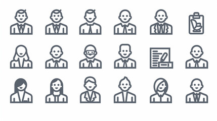 Gray icons representing various professional and personal roles arranged in a grid format, ideal for business and organizational themes, with clear details and sharp lines.