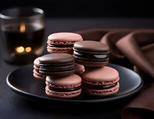 Closeup of Chocolate Macarons on a Black Plate With a Brown Napkin