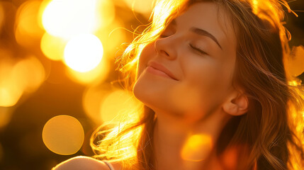 Fototapeta premium A Caucasian woman is bathed in the golden light of sunset, with warm hues creating a beautiful and magical atmosphere around the subject.