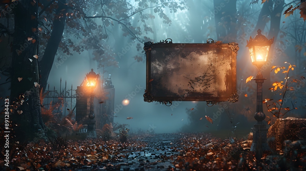 Poster mysterious forest path with hanging sign and lantern.
