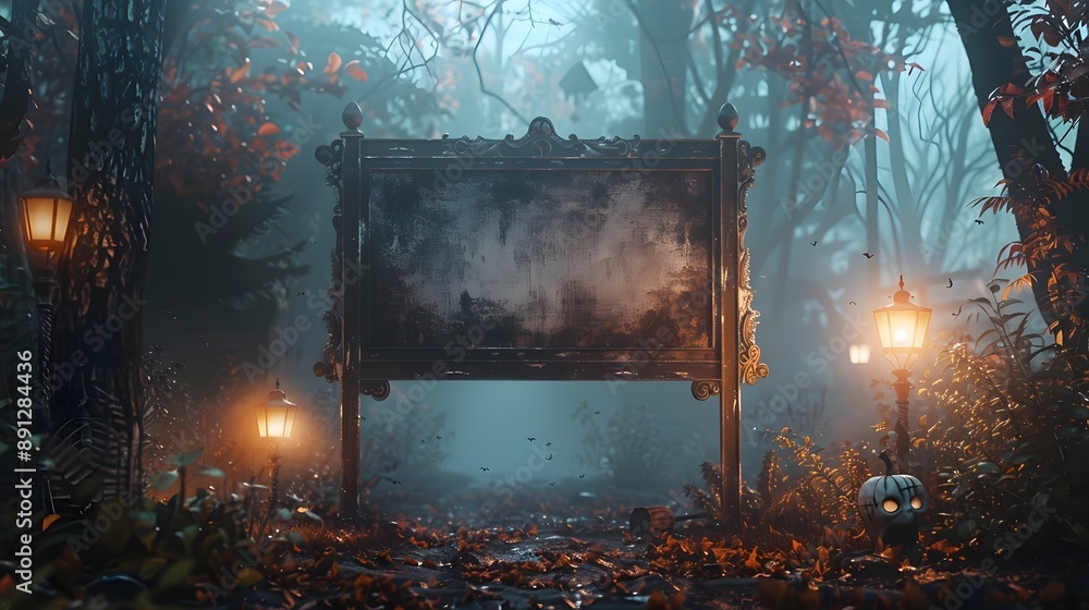 Poster mysterious forest path with signpost and lanterns.