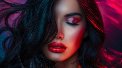 Obraz premium A beautiful woman with her eyes closed, wearing red lipstick, is illuminated by artistic lighting against a dark background, projecting a dreamy and captivating expression, showcasing an alluring aes