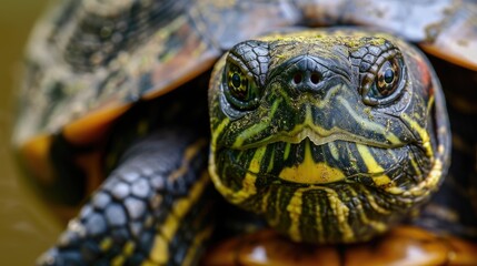 Obraz premium Close-up of a yellow-striped turtle in natural habitat