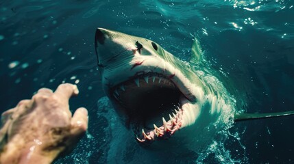 Fototapeta premium A shark underwater attacks a person. AI generative.