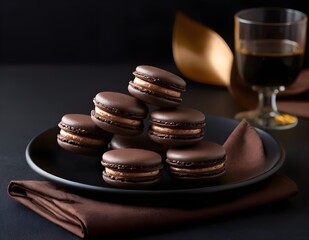 Closeup of Chocolate Macarons on a Black Plate With a Brown Napkin