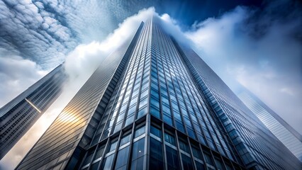 Fototapeta premium Modern glass skyscraper soaring into cloudy sky