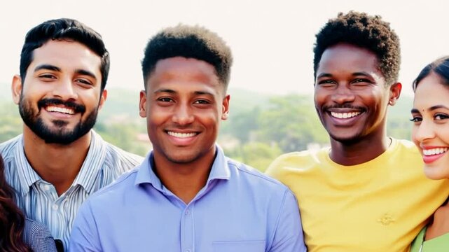Group of multiethnic millennial friends enjoying standing in a row. Selfie and friendship concept. having fun. Group of diverse friends in sunlight 4k video