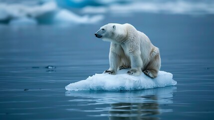 A polar bear sitting on a small, floating ice block in the Arctic, surrounded by cold, blue water and icebergs in a serene, cold environment.