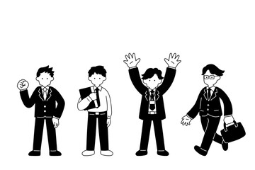 4人の横に並ぶビジネスパーソン[男性]の単色イラスト