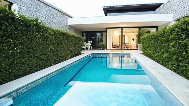 This contemporary courtyard home features a large outdoor area with a pool and lounge chairs for relaxation.