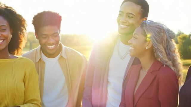 Group of multiethnic millennial friends enjoying standing in a row. Selfie and friendship concept. having fun. Group of diverse friends in sunlight 4k video