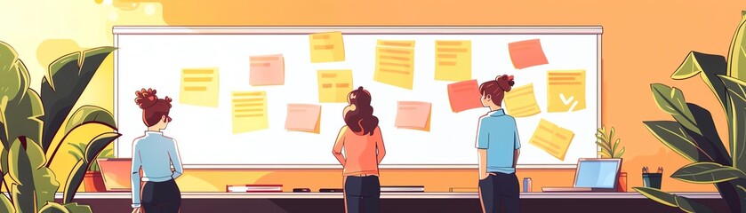 Three people brainstorm in office with sticky notes on large whiteboard. Concept of teamwork, creativity, office collaboration, and planning.