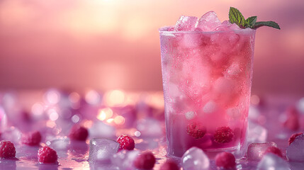 Close-up of the side of the cocktail, side shot, you can see the thick foam at the top of the cocktail, below the pink gradient cocktail, there are two or three ice cubes in the cocktail,