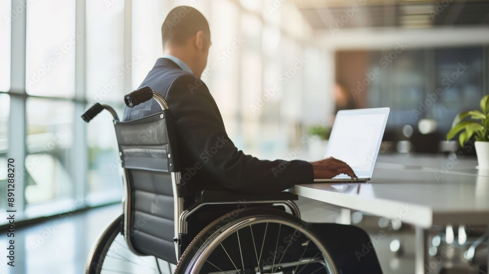 Poster man in a wheelchair working on a laptop in a bright, modern office. workplace accessibility and incl