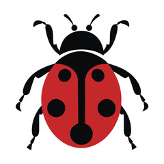 A stylized ladybug with a red oval body featuring black spots, black head, and legs, set against a plain white background