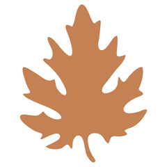 A simple silhouette of a maple leaf in a warm brown color, with distinct lobes and a prominent stem, set against a plain white background