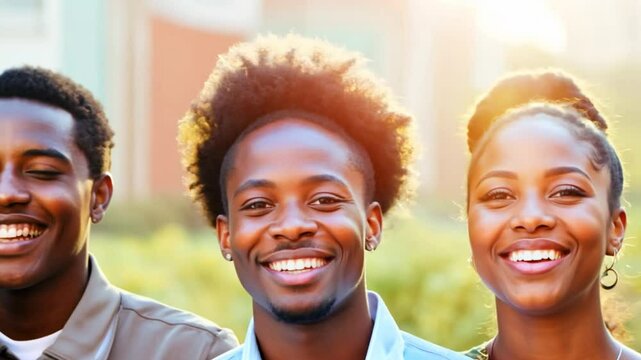 Group of multiethnic millennial friends enjoying standing in a row. Selfie and friendship concept. having fun. Group of diverse friends in sunlight 4k video