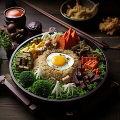 A colorful bowl of fluffy rice pilaf mixed with a variety of vibrant veggies and fragrant herbs, presented beautifully on a dark background, creating a visually appealing and appetizing image.