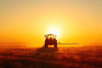 Fototapeta premium Sunset Glow: Tractor Irrigating Vast Fields