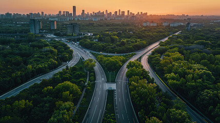 Aerial view of a highway intersection in a green forest with a city skyline at sunset