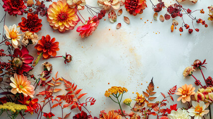 An autumn composition of beautiful flowers on a light backdrop serves as a floristic decoration and natural floral background.