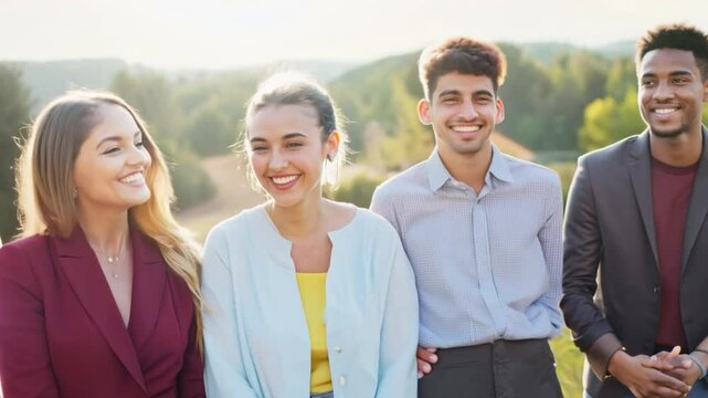 Group of multiethnic millennial friends enjoying standing in a row. Selfie and friendship concept. having fun. Group of diverse friends in sunlight 4k video