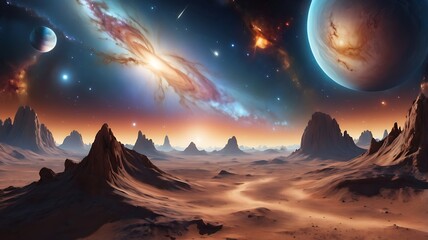 Title Majestic cosmic landscape with mountains, river, planets, stars, nebula, and glowing sky. Perfect for inspirational and surreal designs.