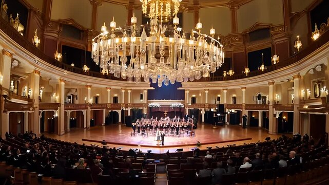 Concert Performance in a Grand Hall With Ornate Chandelier and Audience