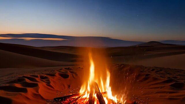 Campfire Burning in the Sahara Desert at Sunset