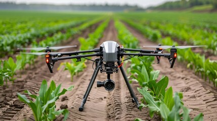 High-Tech Drone Monitoring Crop Conditions in Agricultural Field