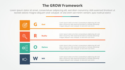 GROW model coaching infographic concept for slide presentation with boxed creative rectangle stack with 4 point list with flat style