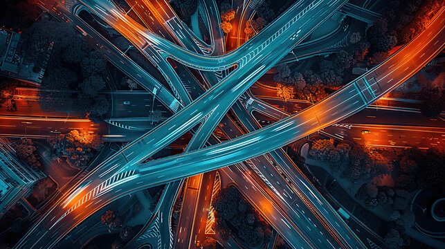Aerial view of an intricate highway intersection at night