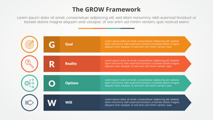 GROW model coaching infographic concept for slide presentation with long rectangle with arrow edge with 4 point list with flat style