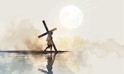 Jesus carrying the cross, on a soft white background, in the style of watercolor, with a white and beige color palette using light colors, in a minimalistic, simple design, with water reflection