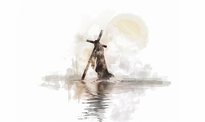 Jesus carrying the cross, on a soft white background, in the style of watercolor, with a white and beige color palette using light colors, in a minimalistic, simple design, with water reflection 