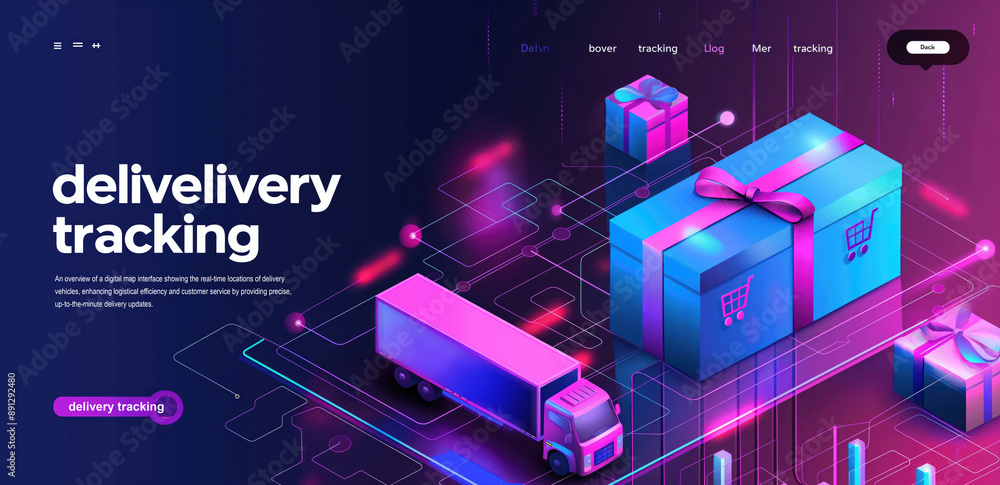 Poster digital interface showing delivery tracking system with neon graphics of packages and truck icons. e