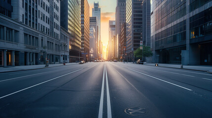 Obraz premium An empty street in the city center with tall buildings on both sides