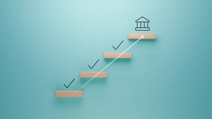 Wooden steps with check marks leading to a bank icon on a turquoise background, symbolizing financial stability and success, upward path to banking and investment, business and finance concept