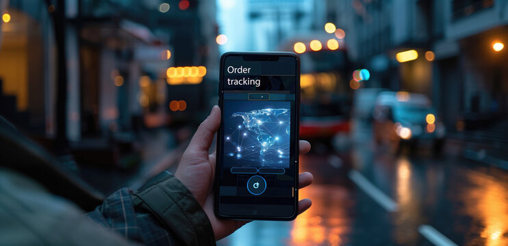 Person using smartphone for order tracking with city street and global network on screen. E-commerce, logistics, online shopping, urban technology, digital connectivity, delivery tracking.