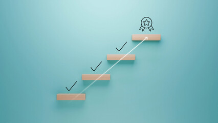 Wooden steps with check marks leading to a ribbon icon on a turquoise background, symbolizing...