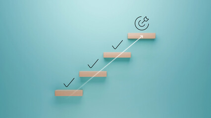 Wooden steps with check marks leading to a target icon on a turquoise background, symbolizing...