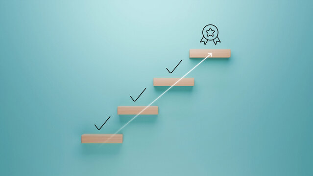 Wooden steps with check marks leading to a ribbon icon on a turquoise background, symbolizing excellence and success, upward path to awards and recognition, achievement and merit concept