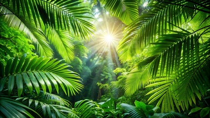Fototapeta premium Sun shining through lush green foliage in tropical jungle paradise