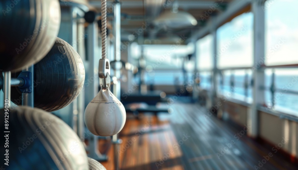 Poster a row of exercise balls hanging from a railing on the side of a ship. ai.