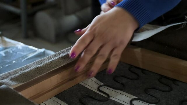 close-up of worker doing chair upholstery