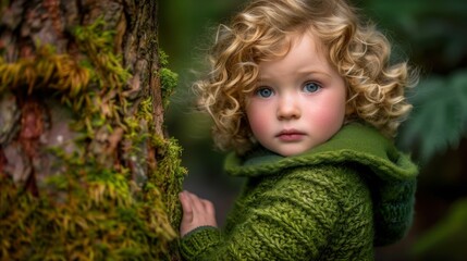 Fototapeta premium A young girl in a green sweater is leaning against the tree. AI.