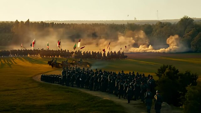 Civil War Reenactors Marching in a Field at Sunset