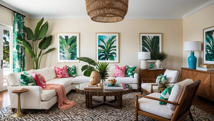 Bright and airy tropical chic living room with white furniture, patterned rug, large plants, and botanical prints